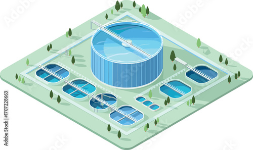 Isometric 3D illustration of modern wastewater treatment plant, water purification system, environmental facility, clean energy, sustainable infrastructure