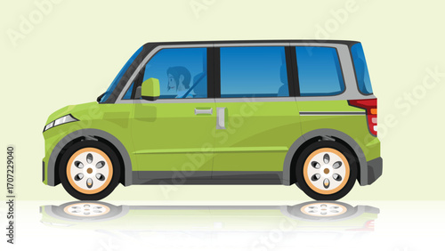 Object of side view fimily van. Driving girl in side car. Two tone color of green and black roof car. With shadow on isolated white background.