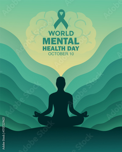 World Mental Health Day Illustration on October 10, showing a person meditating with a brain shape above and a green awareness ribbon. The design symbolizes mindfulness, peace, and the importance 
