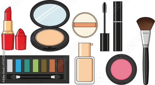 Collection of colorful makeup essentials for beauty and style