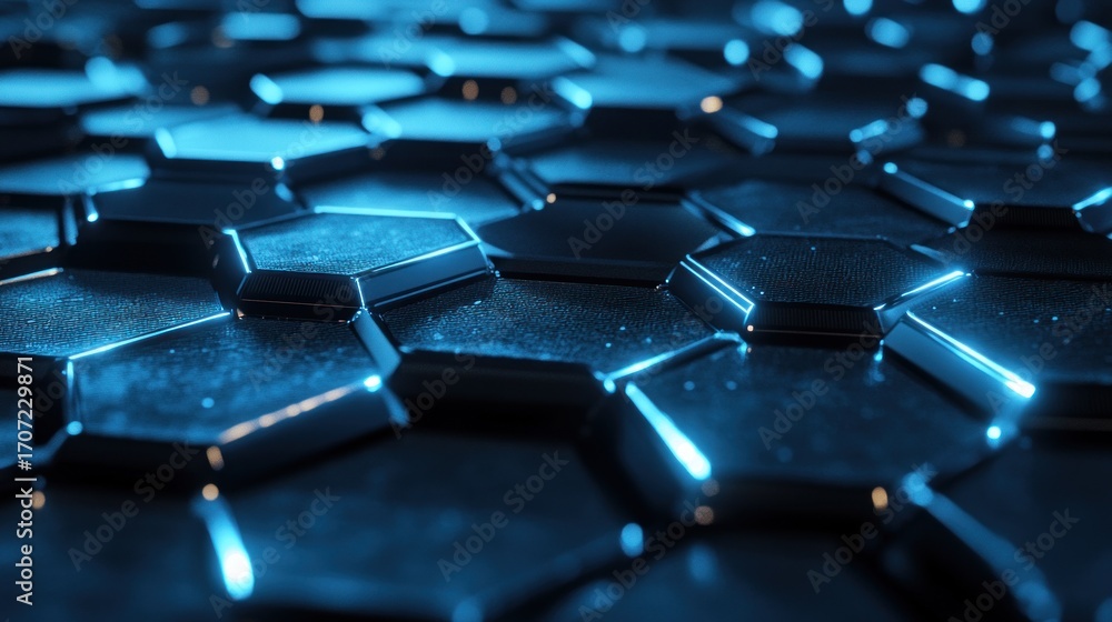 Obraz premium Close-up view of a futuristic, hexagonal, blue-lit surface. A complex pattern of interlocking, polished hexagons. Deep blue color with bright blue highlights. Suggests advanced technology