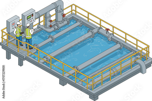 Isometric 3D illustration of water treatment system, engineers inspecting filtration tank, clean water facility, industrial fluid purification setup