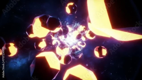Abstract Glowing Geometric Shapes Exploding in Dark Space.
