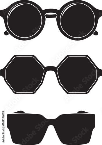 Sunglasses Silhouette Vector Pack, Retro and Modern Styles.

Collection of Sunglasses Icons, Round, Hexagon and Square.

Set of Classic and Trendy Eyewear Shapes.
