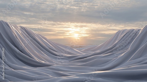 Frozen wave formation on a snowy landscape at sunset, creating an abstract and surreal winter scene with warm light and icy textures