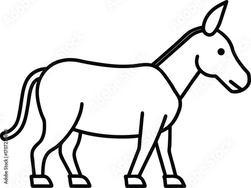 Vector art of simple black and white line drawing of a donkey standing