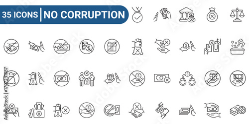 No Corruption line editable icon set. Outline icons collection. Icons for mobile app, web. Editable stroke. Vector Illustration.