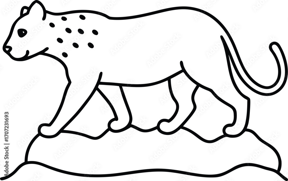 Obraz premium Vector art of a simple line drawing of a leopard walking on a rock