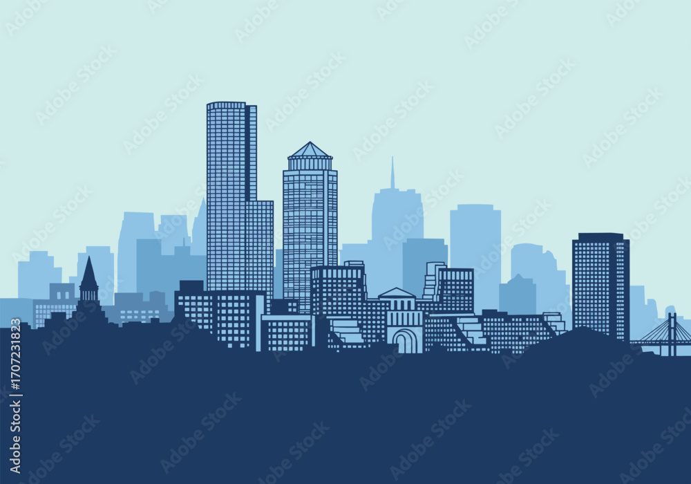 Naklejka premium Modern city skyline with tall buildings and a clear sky.