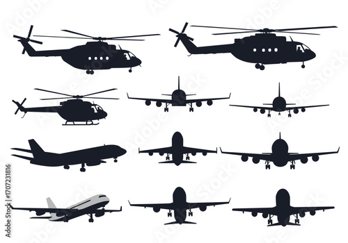 Collection of diverse aircraft silhouettes including helicopters and airplanes.