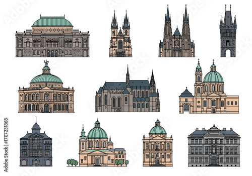 Collection of historical European architectural buildings.