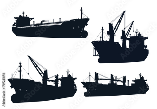 Four silhouette illustrations of various cargo ships.