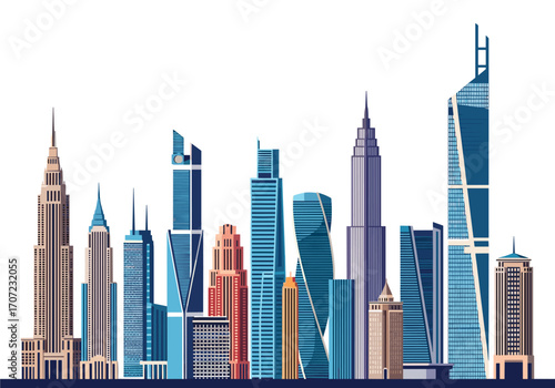 A collection of modern city skyscrapers in a row.