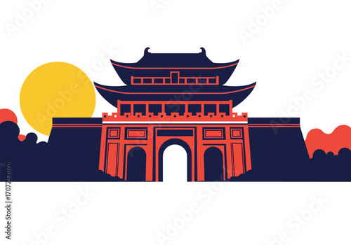 Ancient oriental gateway with a large sun.