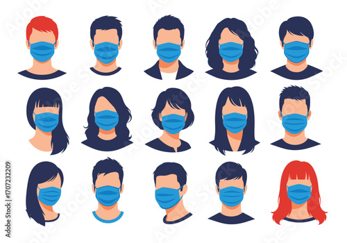 Diverse group of people wearing protective face masks to prevent illness.