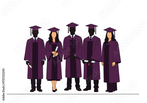 A group of five graduates in academic regalia standing together.