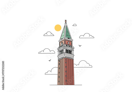 A tall brick tower with a green spire and a sun.