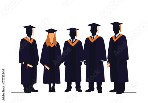 Diverse graduates in academic attire celebrate their achievements.