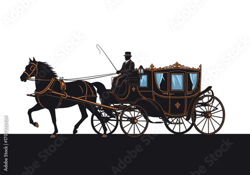 A horse drawn carriage moving through the street.