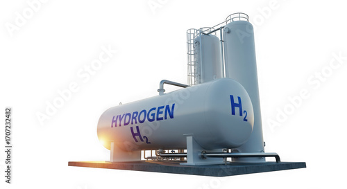 Large industrial hydrogen storage tanks with h2 symbol and the word hydrogen, isolated on transparent background