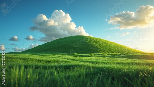 Landscape image featuring a green field of grass under a blue sky