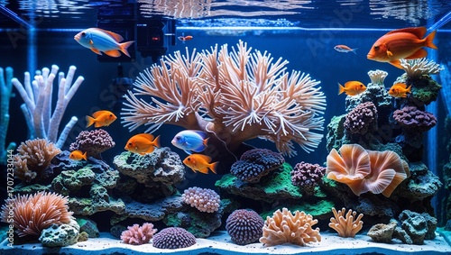 Colorful marine life and tropical fish thrive in a vibrant underwater coral reef ecosystem in the Red Sea