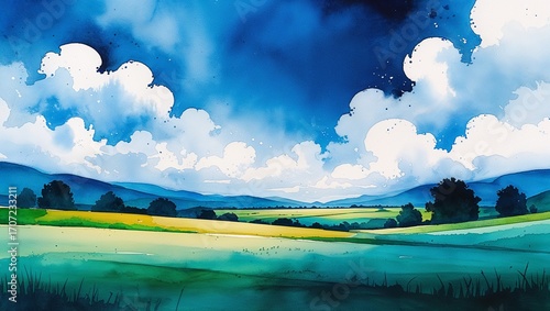 Beautiful summer landscape with a serene lake reflecting the sky, clouds, and surrounding green forest