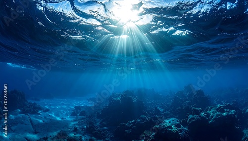 Wallpaper Mural Sunlight beams through underwater waves illuminating a dark blue ocean floor Torontodigital.ca