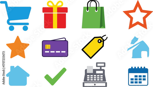 Collection of bright shopping and retail icons for online commerce and sales