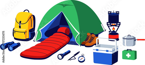 Essential camping gear arranged for an outdoor adventure, including a tent, sleeping bag, backpack, and cooking supplies.