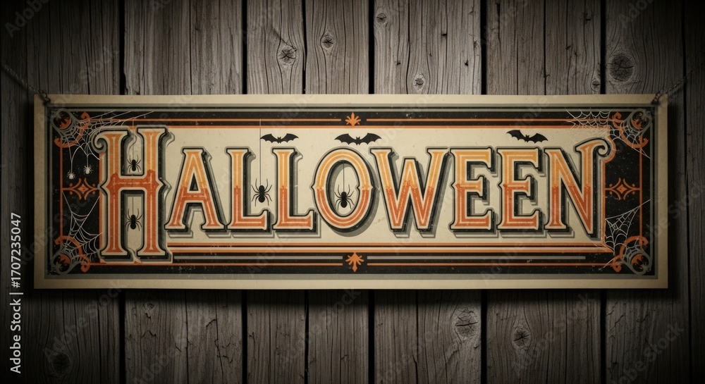 Fototapeta premium Vintage Halloween sign with bats and spiders on rustic wooden background