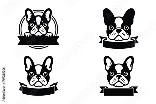 French Bulldog Logo with Ribbon Banner – Cute Dog Icon Vector Set