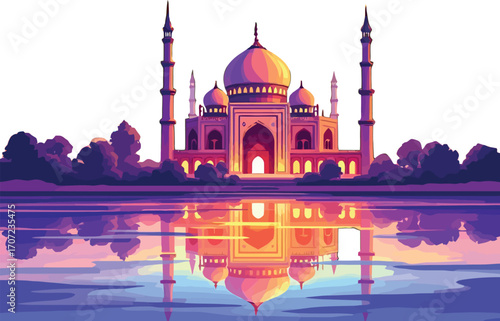 Vsai majestic mosque reflecting on calm water at sunset