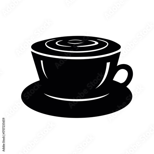Black illustration of a cappuccino cup with saucer, simple vector style