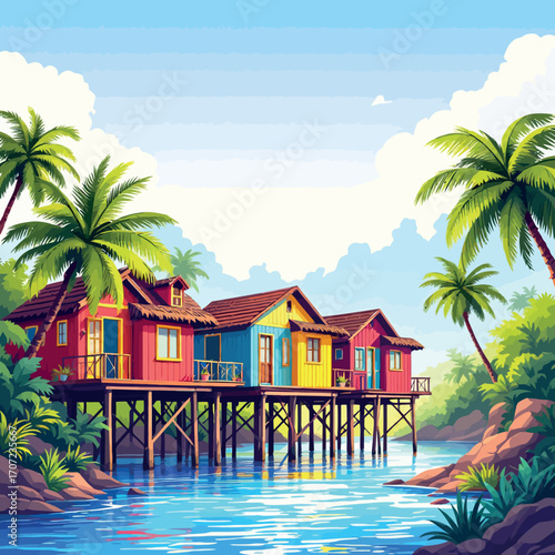 Vsai colorful stilt houses reflecting in tropical river under palm trees and cloudy sky