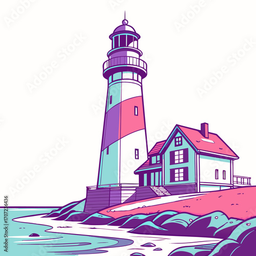 Vibrant lighthouse illustration on a colorful ocean coast