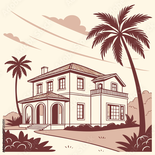 Elegant villa house illustration in warm inviting colors