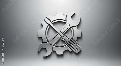 Metallic Gear Wrench Screwdriver Icon on Gray Gradient Background