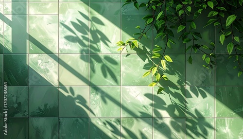 Wallpaper Mural Sunlight casts shadows on mint-green tiles with leaves Torontodigital.ca