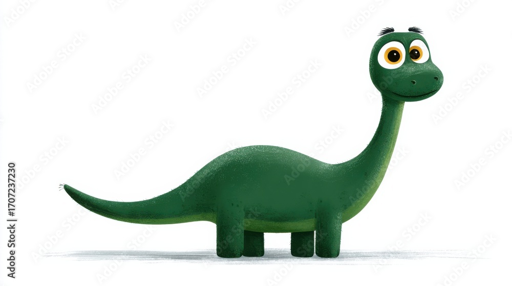 Naklejka premium Vibrant Green Dinosaur with Large Eye Captivatingly Staring in a Lush Environment Evoking Wonder and Curiosity in a Playful and Whimsical Scene