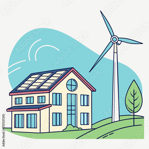 Modern colorful wind turbine and renewable energy illustration