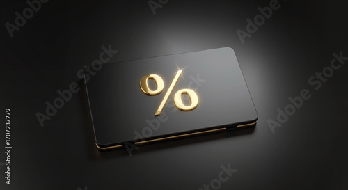 Elegant black tablet with golden percent sign for cyber Monday sale and promotion. Online shopping discount concept.