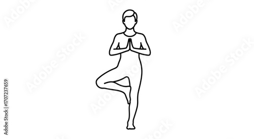Minimalist yoga pose illustration of a person in the tree pose, perfect for wellness, meditation, and healthy lifestyle projects, with a clean modern design