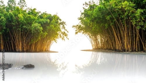 Wallpaper Mural Sunlight filters through a bamboo forest reflected in a still body of water Torontodigital.ca