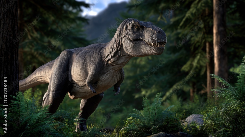 Fototapeta premium Majestic Dinosaur Roaming Through Lush Green Woods Under a Bright Sky Evoking a Sense of Adventure and Wonder in a Prehistoric Landscape Setting