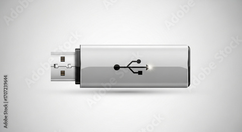 Sleek silver USB drive for data storage and transfer conveys modern technology, seamless file sharing, and portable convenience in a compact design perfect for business