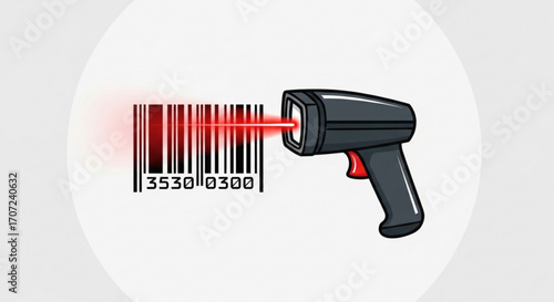 Modern barcode scanner actively scanning product information with a vibrant red laser beam for efficient retail and inventory management