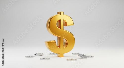 Gleaming golden dollar sign surrounded by scattered silver coins symbolizing financial success and wealth accumulation