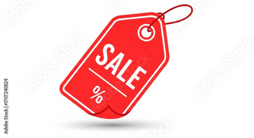 Bold red sale tag with percentage symbol and string highlights special offers and promotions for retail marketing campaigns and online shopping events