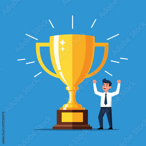 Happy Businessman Celebrating with a Giant Golden Trophy.